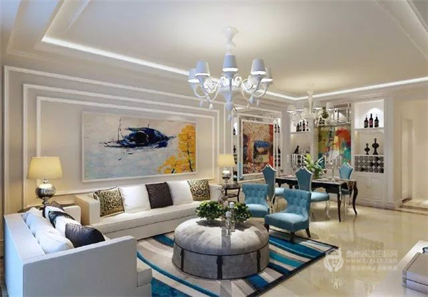 泰州寶帶花園130㎡三室一廳歐式裝修案例，喜歡藍色的屋主可以看出喲~